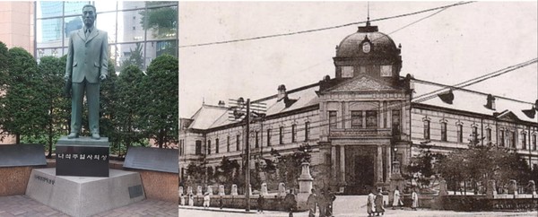 서울 중구 명동 KEB하나은행 본점 앞에 있는 나석주 열사 동상 / 동양척식주식회사(현 KEB하나은행 본점)